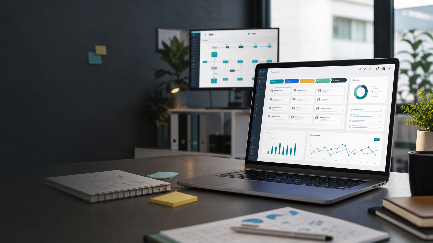 Рабочее место с CRM-дашбордом и картой процессов